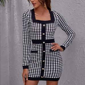 SHEIN Button Front Houndstooth Bodycon Dress - Black and White Size 6